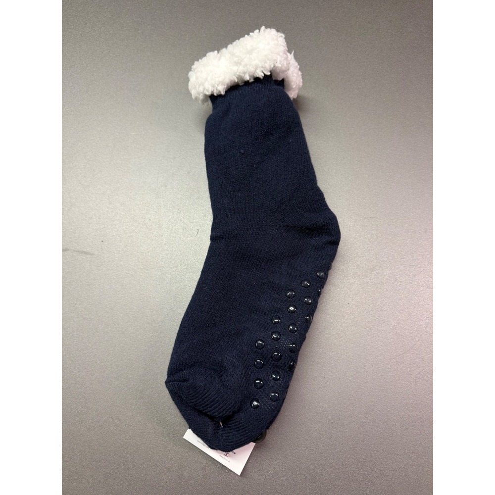 Passage Navy Blue Slipper Socks Faux Shearling Lined Non-Slip Gripper Soles NEW
